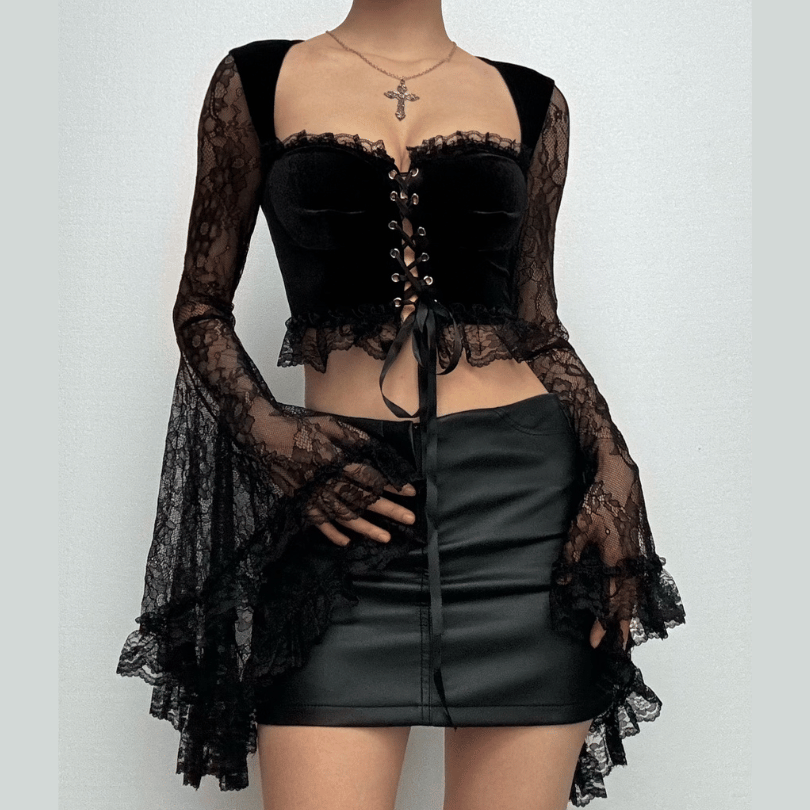 Long flared sleeve velvet lace patchwork ruffle lace up crop top