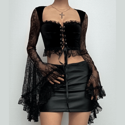 Long flared sleeve velvet lace patchwork ruffle lace up crop top