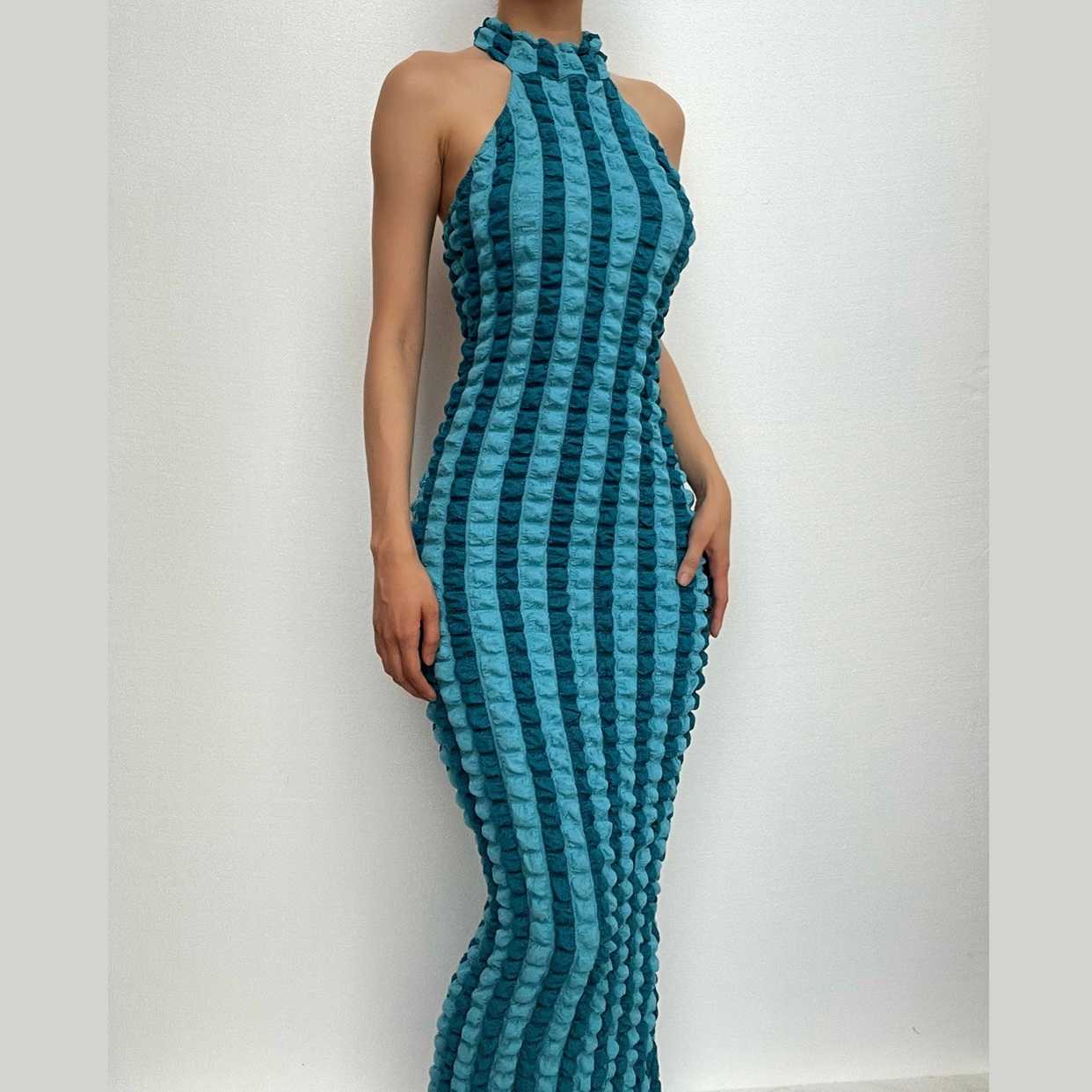 Waffle halter contrast backless high neck maxi dress-final-sale