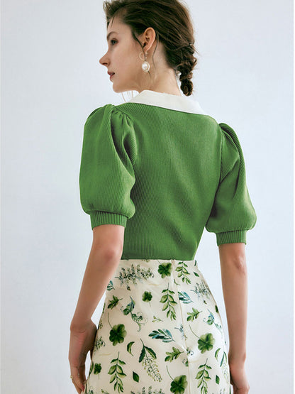 Alexis Contrast Lapel Puff Sleeve Knitted Set