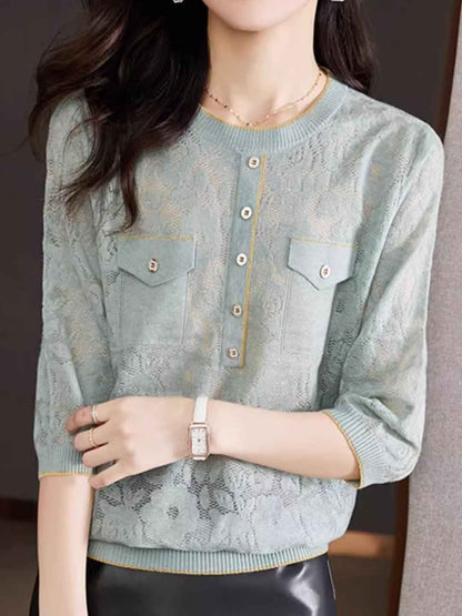 Riley Loose Crew Neck Hollowed Solid Color Knitted Top