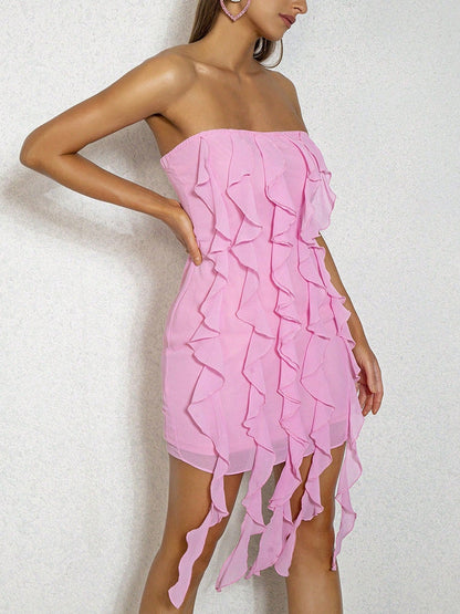 Pink Tube Top Ruffle Backless Dress