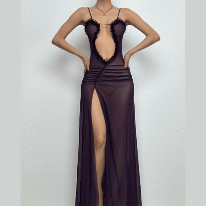 Sheer mesh hollow out ruched high slit cami cut out maxi dress