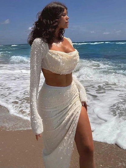 Pearl Beaded Crop Top & Sheath Skirt Coord Set