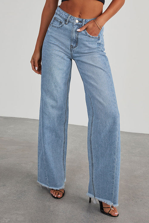Raw Hem Distressed Wide Leg Denim Pants