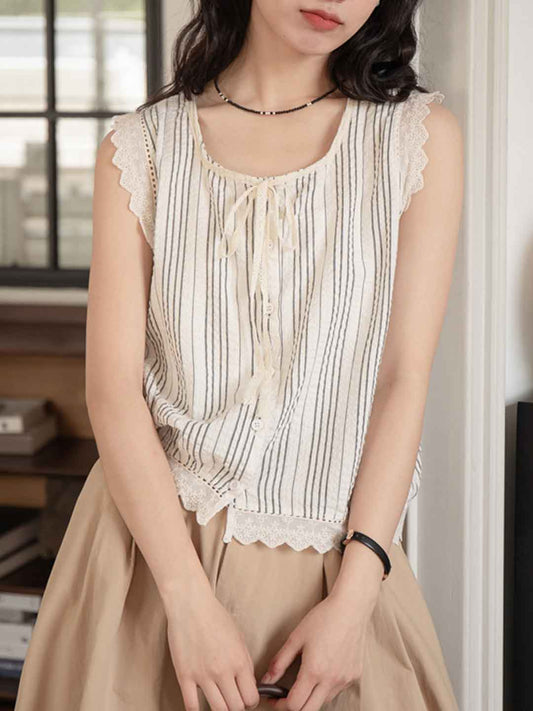 Gianna Vintage Crew Neck Lace Striped Top