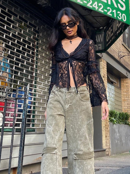 V Neck Tied Slim Fit Lace Hollow Top