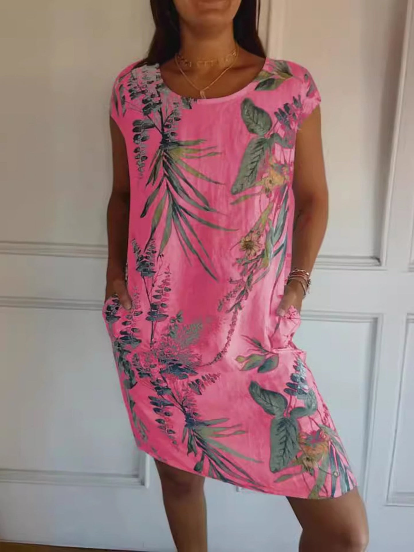 Printed Cotton And Linen Pocket Crew Neck Short Sleeve Mini&Short Dresses