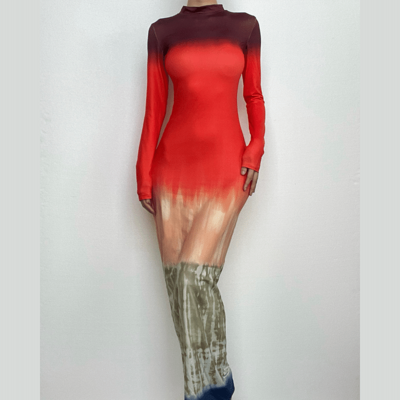 Tie dye print long sleeve high neck contrast maxi dress-final-sale