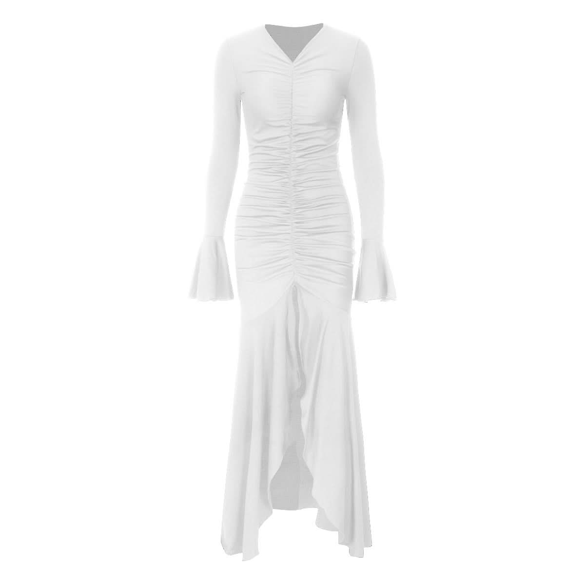 Long flared sleeve v neck ruched maxi dress