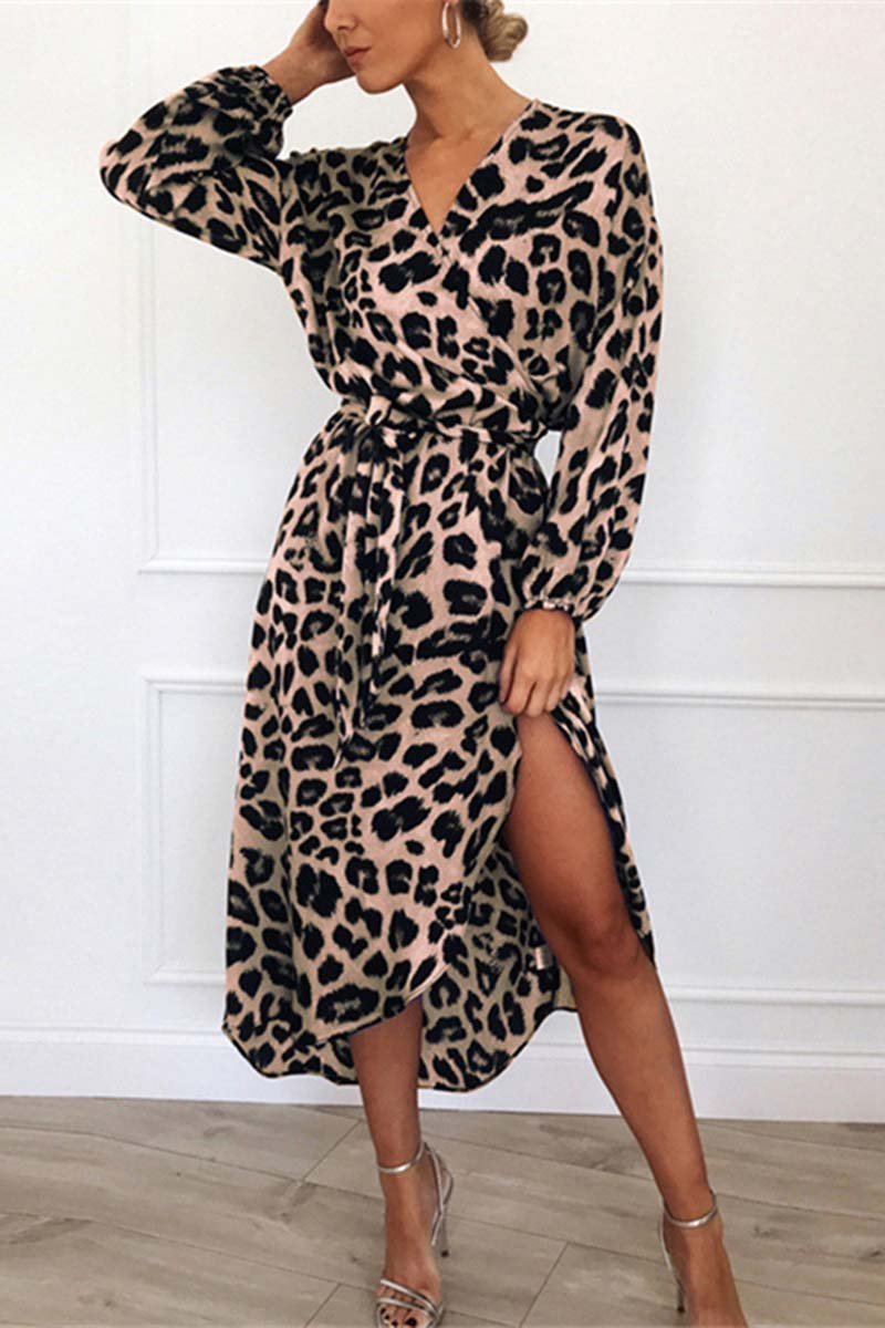 Print Wrap V-Neck Long Sleeve Tie Waist High Low Slit Midi Dress