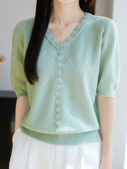 Ariana Loose V-Neck Beaded Floral Top