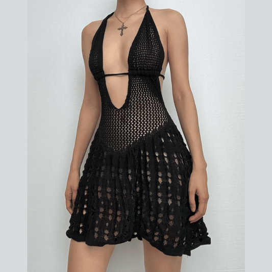 Halter knitted deep V neck see through mini dress