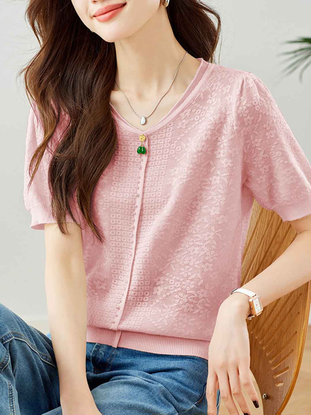 Gianna Casual V-Neck Puff Sleeve Embroidered Knitted Top