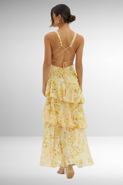 Women's Layered Chiffon Maxi Dress – Sleeveless V-Neck Open Back Gown
