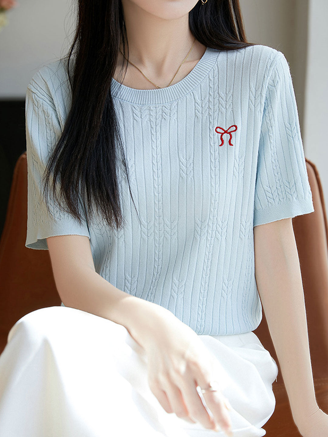 Bella Loose Crew Neck Embroidered Knitted Top