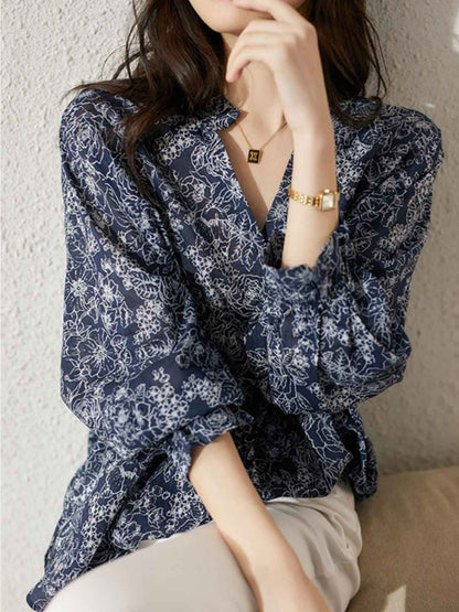 Bella Elegant V-Neck Lantern Sleeve Floral Printed Top