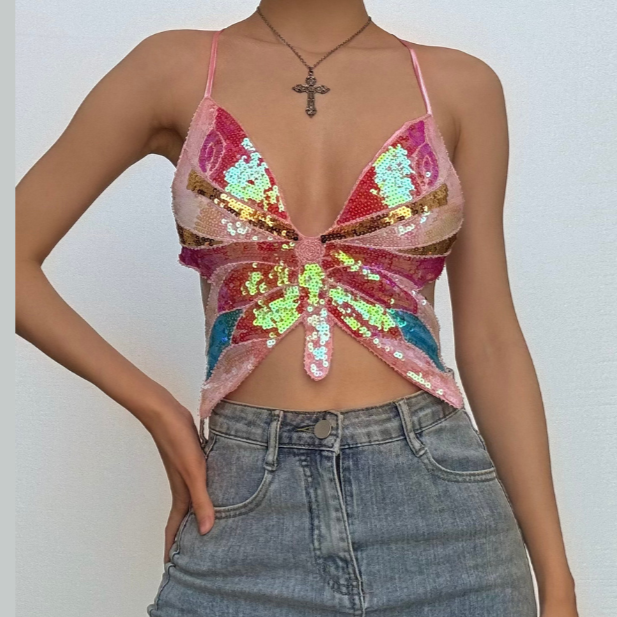 Deep V neck glitter cross back self tie cami top