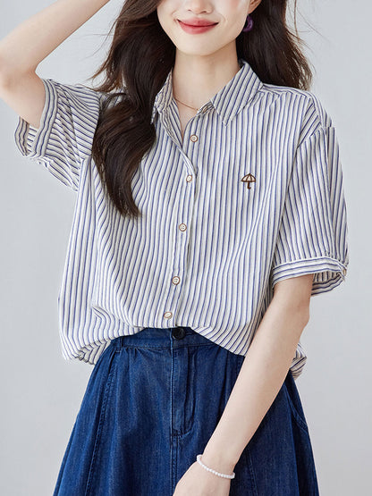 Genesis Loose Lapel Embroidered Striped Shirt