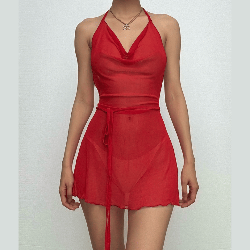 Halter cowl neck sheer mesh ruffle mini dress