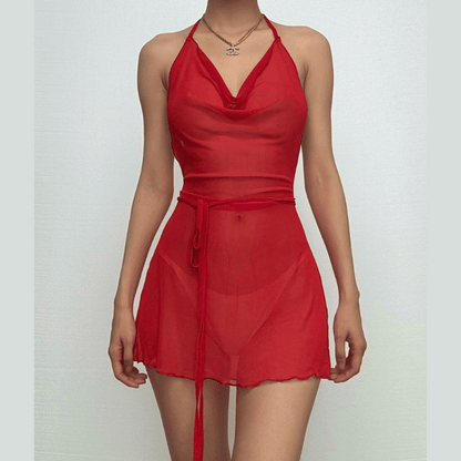 Halter cowl neck sheer mesh ruffle mini dress