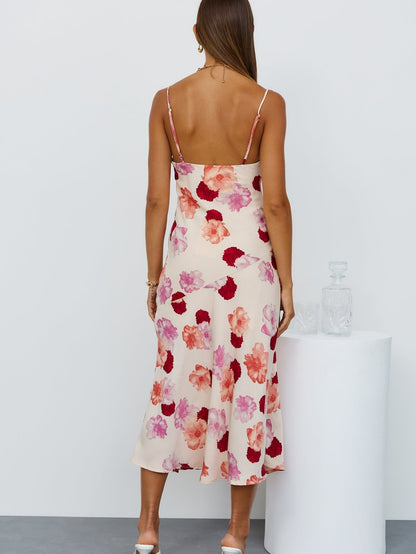 French Print V Neck Split Suspender Dress