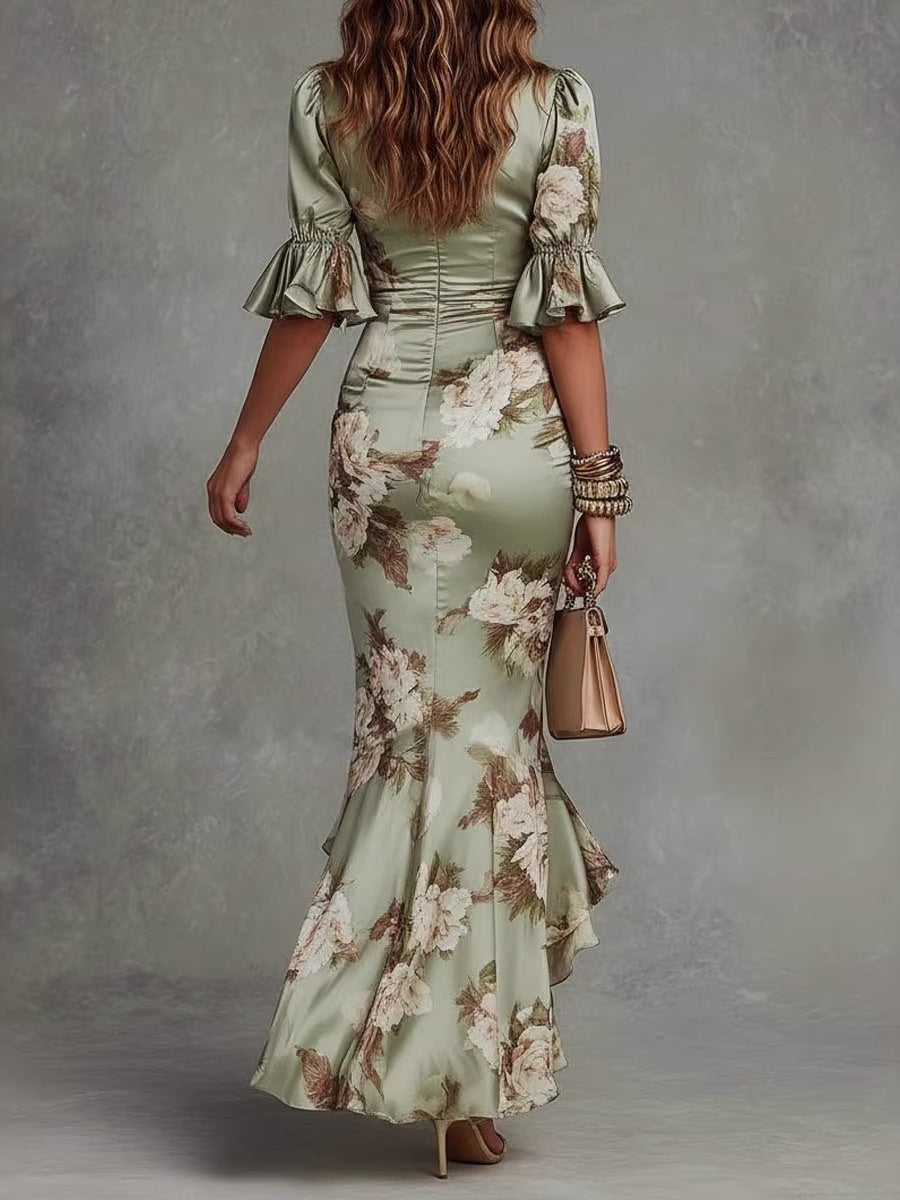 V-neck Slim-fit Printed Ruffle Long Dress
