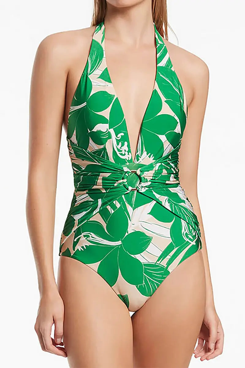 Green Halter Deep V One-Piece Swimsuit Set