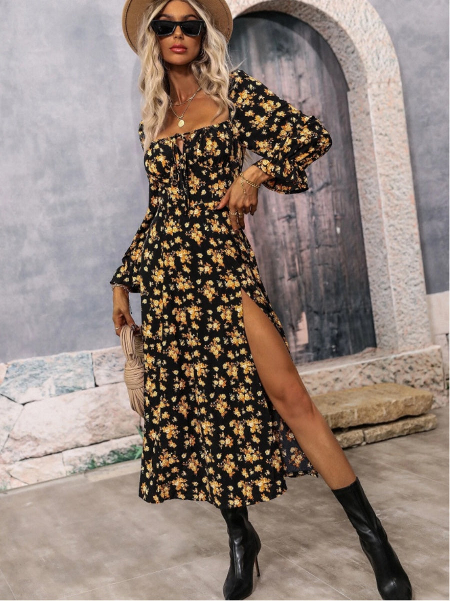 Floral Long Sleeve Square Collar Slit Vacation And Leisure Maxi Dresses