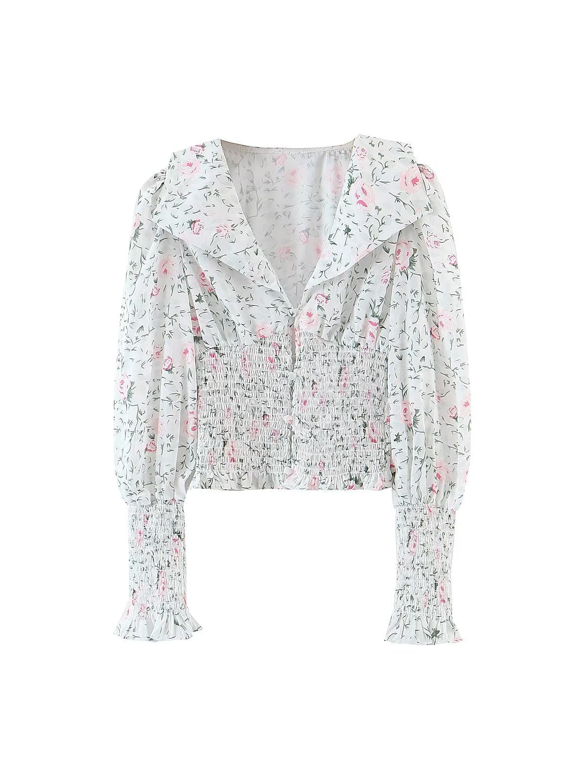Floral Print Smocked Lantern Sleeve Shirt Top