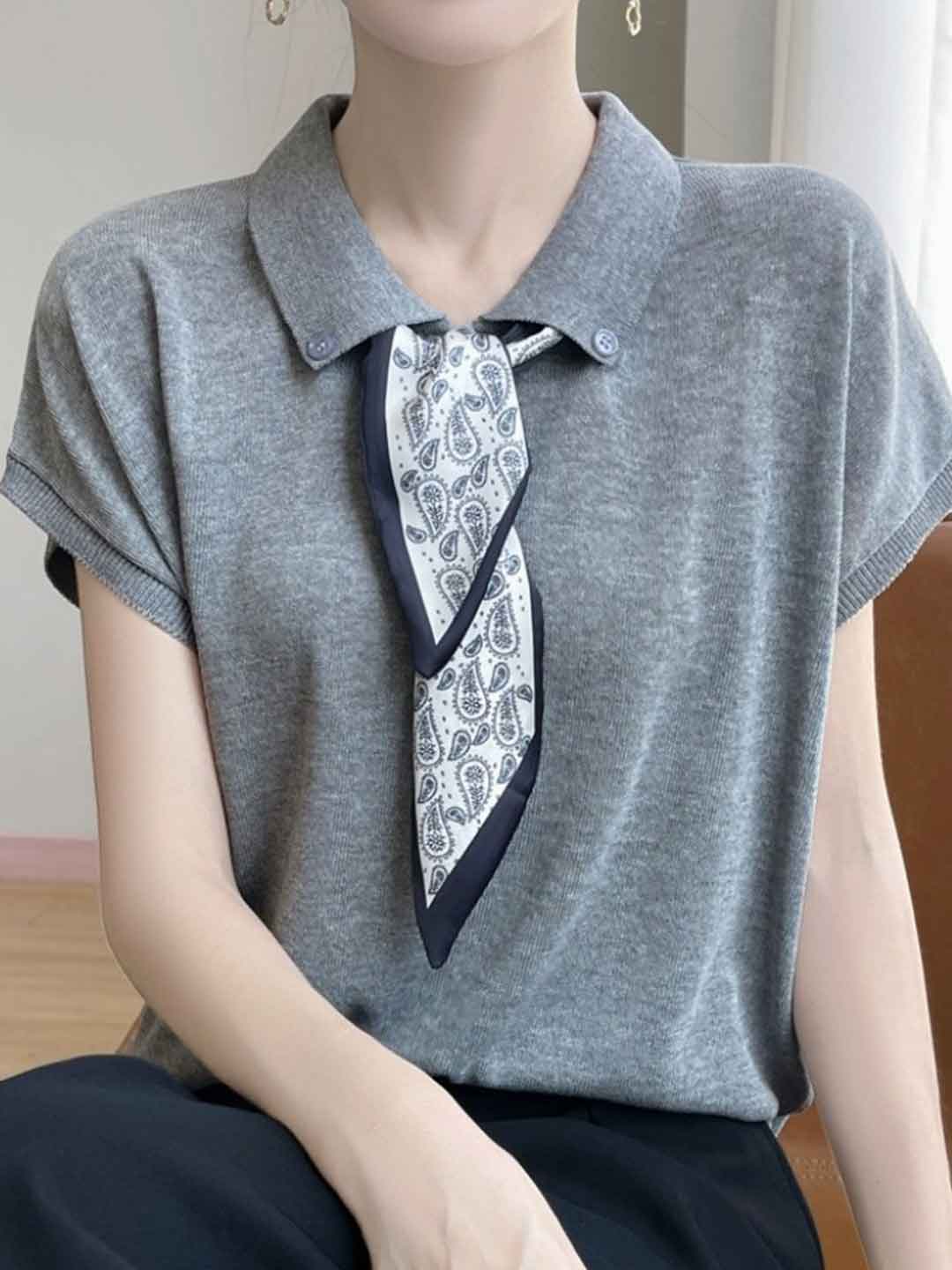 Maria Elegant Polo Collar Knitted Top-Navy Blue