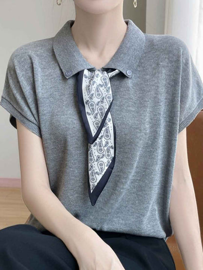 Maria Elegant Polo Collar Knitted Top-Navy Blue