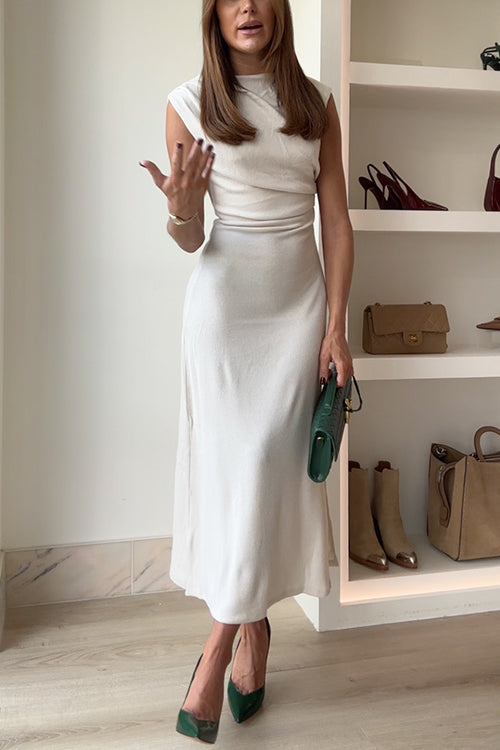 Mockneck Sleeveless Side Ruched Midi Dress