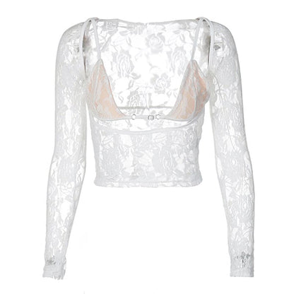 Long sleeve hollow out contrast lace 2 piece cut out top
