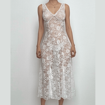 Sleeveless V neck rose pattern lace see through midi dress