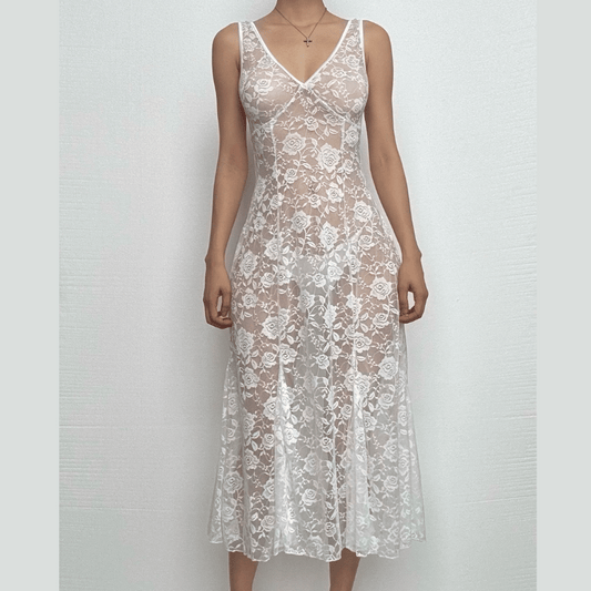 Sleeveless V neck rose pattern lace see through midi dress