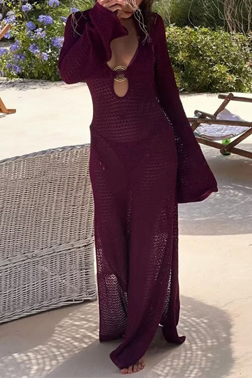 V Neck Side Slit Crochet Beach Cover Up Maxi Dress