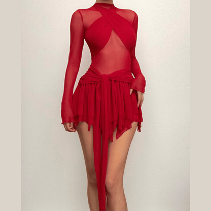 Long sleeve ruffle ruched cross front halter sheer mesh mini dress