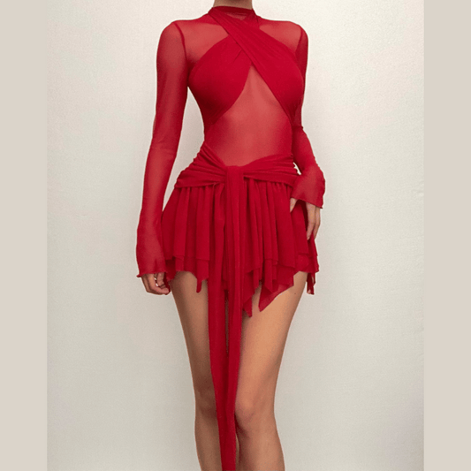 Long sleeve ruffle ruched cross front halter sheer mesh mini dress