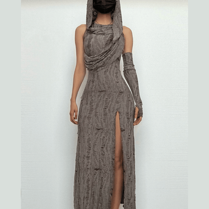 Hoodie ruched ruffle slit maxi dress-final-sale