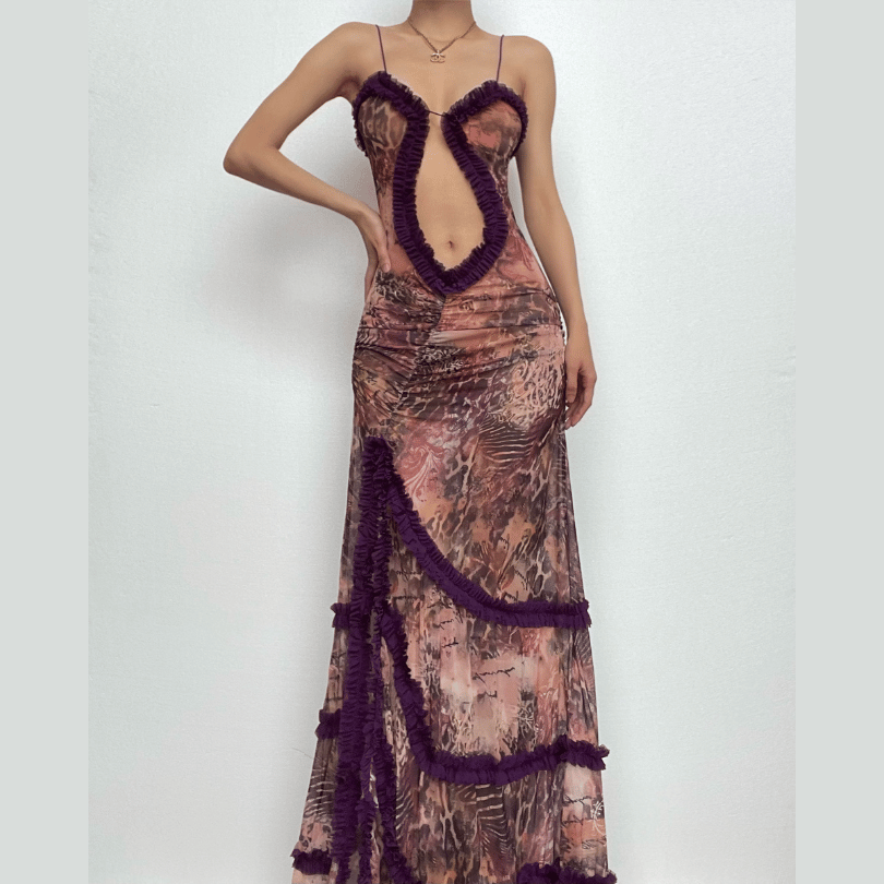 Ruffle spaghetti strap sheer mesh irregular slit maxi dress-final-sale