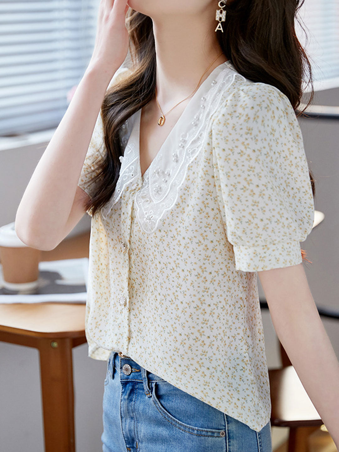 Ava Elegant Doll Collar Floral Beaded Chiffon Top