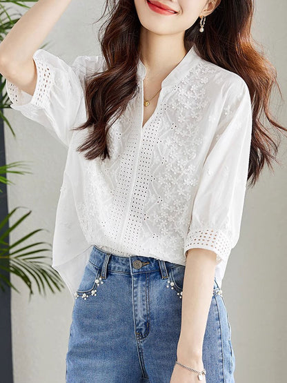 Brooke Classic V-Neck Puff Sleeve Hollowed Top