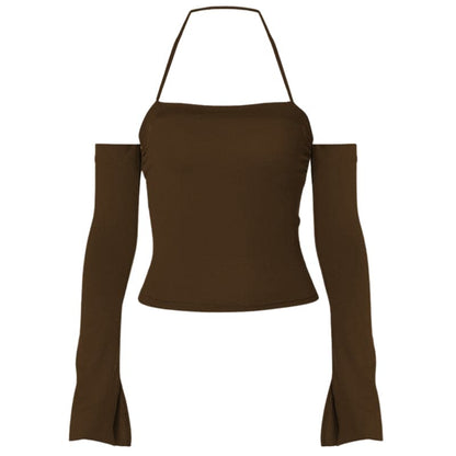Long sleeve halter ruched off shoulder solid backless top