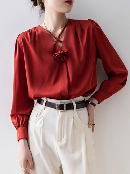 Khloe Casual V-Neck Lantern Sleeve Solid Color Shirt