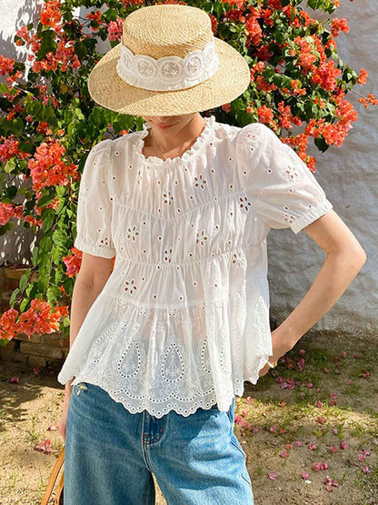 Arianna Retro Auricular Puff Sleeve Embroidered Top
