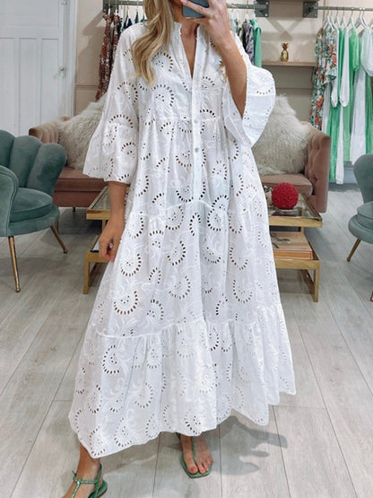 Lace Cutout V-neck Buttons  Flare Sleeve Maxi Dresses