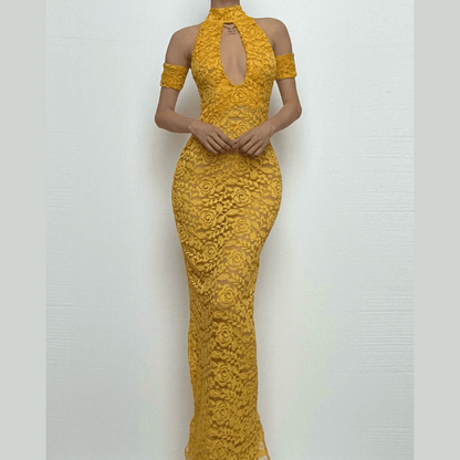 Halter hollow out lace backless cut out maxi dress