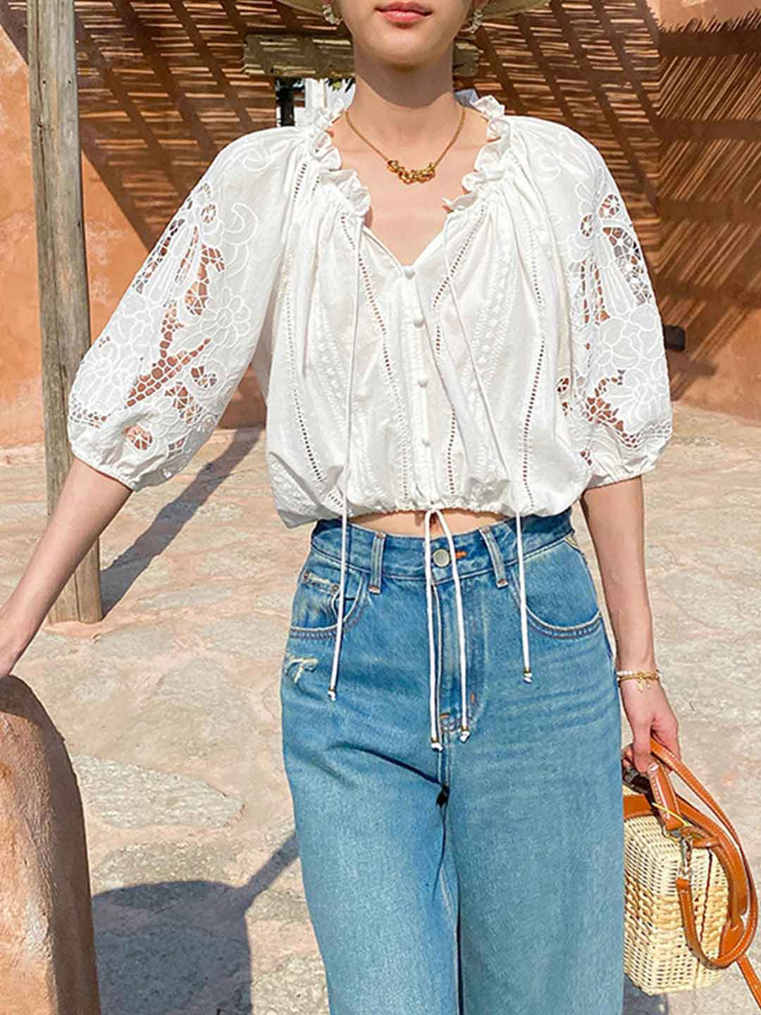 Bella Vacation Auricular Puff Sleeve Embroidered Top