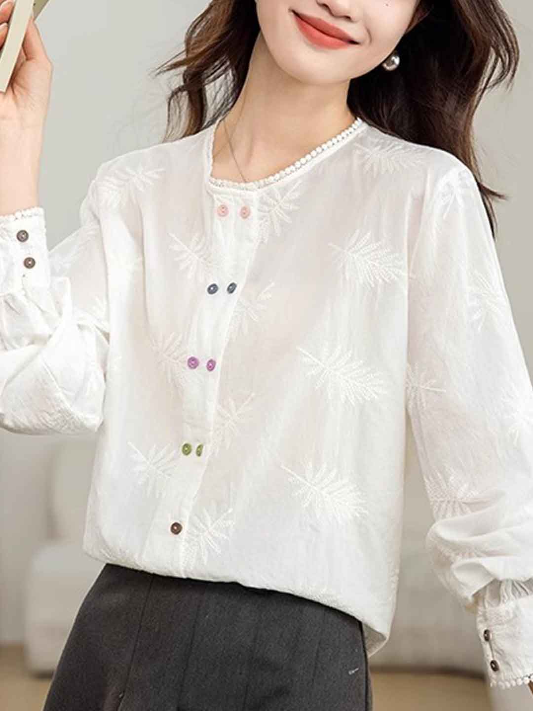 Aubrey Classic Crew Neck Embroidered Hollowed Shirt